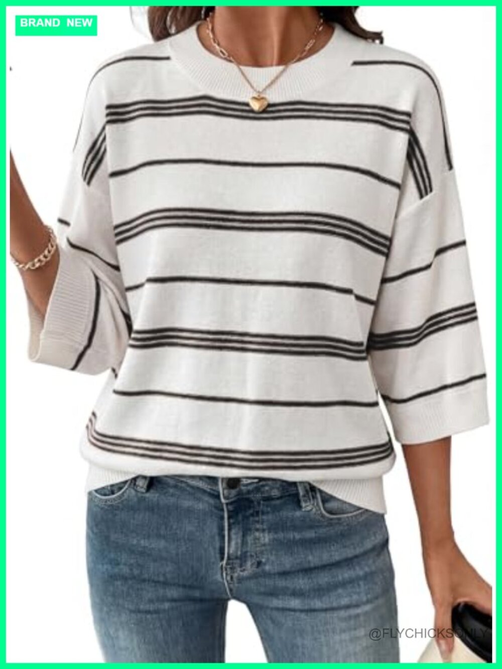 Womens Oversized 3/4 Sleeve Striped Lightweight Knit Sweater Pullover